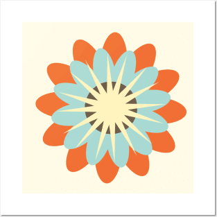 Retro Flower in buttercream, orange and light blue Posters and Art